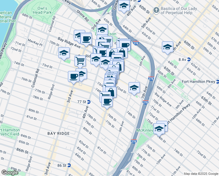 map of restaurants, bars, coffee shops, grocery stores, and more near 479 72nd Street in Brooklyn