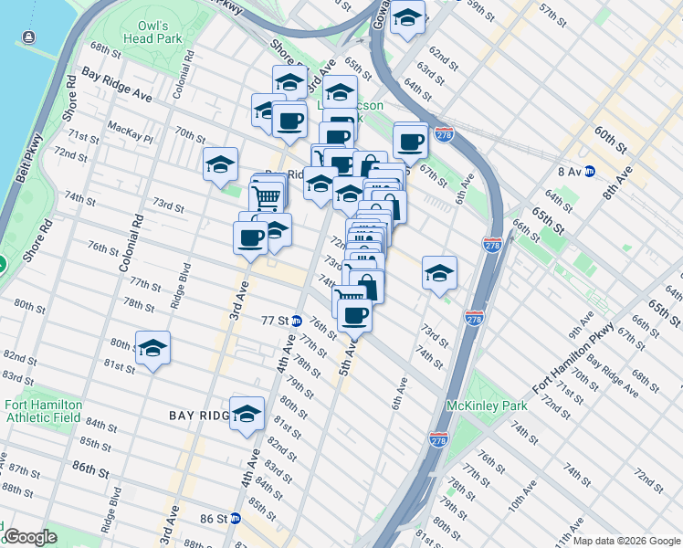 map of restaurants, bars, coffee shops, grocery stores, and more near 429 73rd Street in Brooklyn