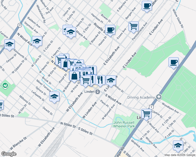map of restaurants, bars, coffee shops, grocery stores, and more near 115 East Elizabeth Avenue in Linden