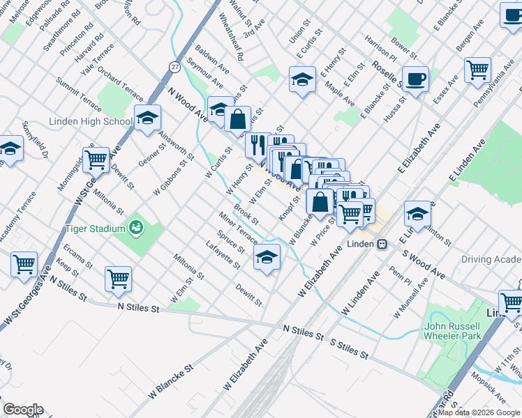 map of restaurants, bars, coffee shops, grocery stores, and more near 505 Ainsworth Street in Linden