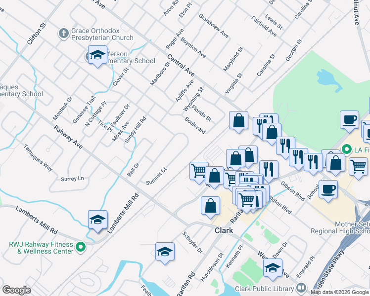 map of restaurants, bars, coffee shops, grocery stores, and more near 74 Summit Court in Westfield