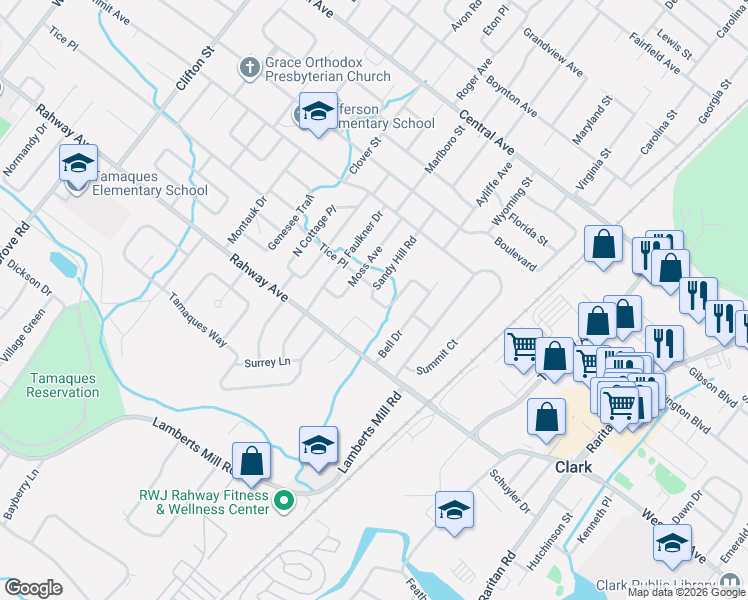 map of restaurants, bars, coffee shops, grocery stores, and more near 57 Sandy Hill Road in Westfield