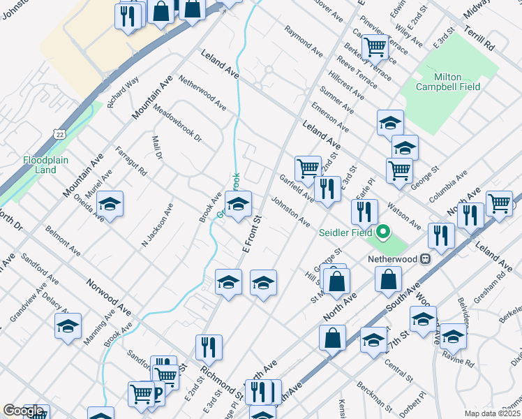 map of restaurants, bars, coffee shops, grocery stores, and more near 855 East Front Street in Plainfield