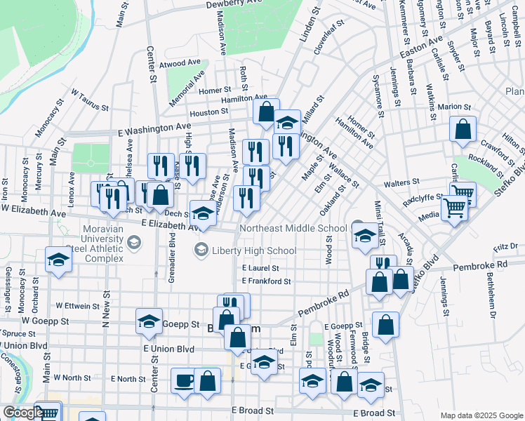 map of restaurants, bars, coffee shops, grocery stores, and more near 1365 Easton Avenue in Bethlehem