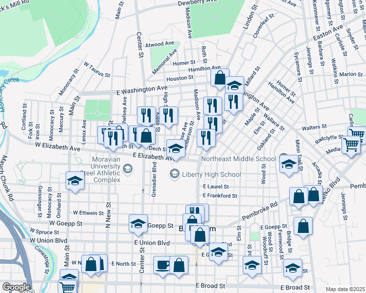 map of restaurants, bars, coffee shops, grocery stores, and more near 1343 Montrose Avenue in Bethlehem
