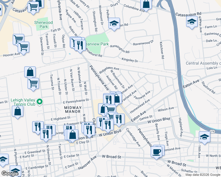 map of restaurants, bars, coffee shops, grocery stores, and more near 2129 Fireside Drive in Bethlehem