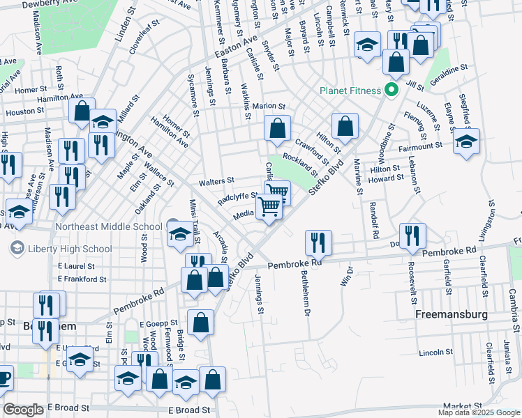 map of restaurants, bars, coffee shops, grocery stores, and more near 857 Media Street in Bethlehem