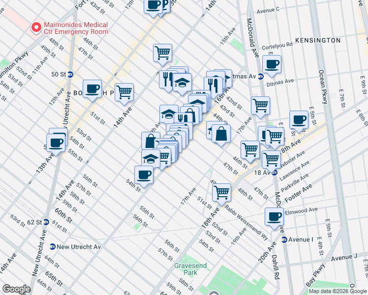 map of restaurants, bars, coffee shops, grocery stores, and more near 4705 16th Avenue in Brooklyn