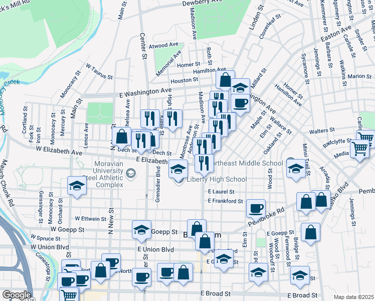 map of restaurants, bars, coffee shops, grocery stores, and more near 1343 Montrose Avenue in Bethlehem