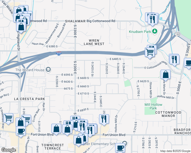 map of restaurants, bars, coffee shops, grocery stores, and more near 2447 East 6600 South in Cottonwood Heights
