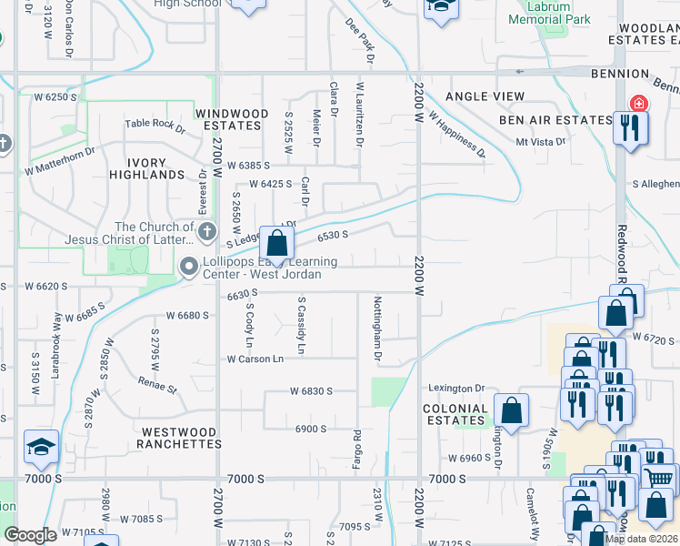 map of restaurants, bars, coffee shops, grocery stores, and more near 2395 Longmeadow Drive in West Jordan