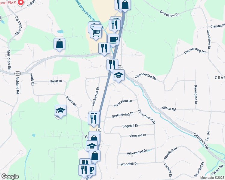 map of restaurants, bars, coffee shops, grocery stores, and more near 5599 Orchard Hill Drive in Gibsonia