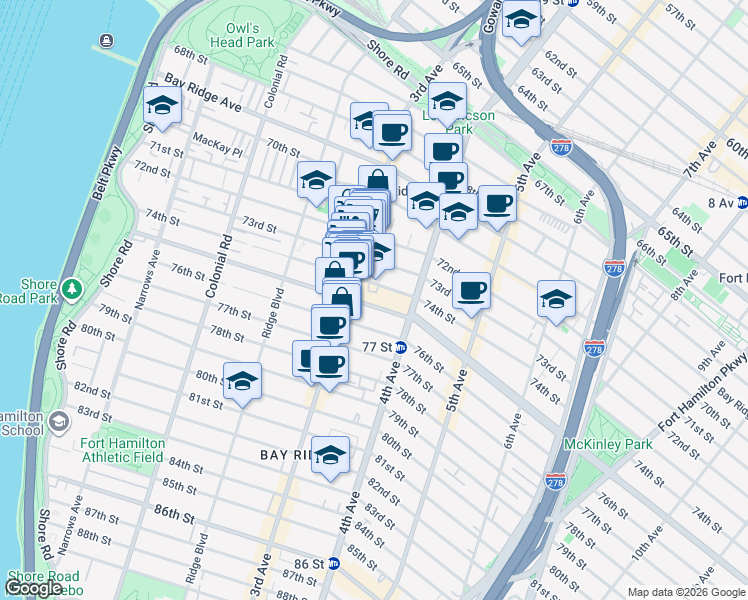 map of restaurants, bars, coffee shops, grocery stores, and more near 335 Bay Ridge Parkway in Brooklyn