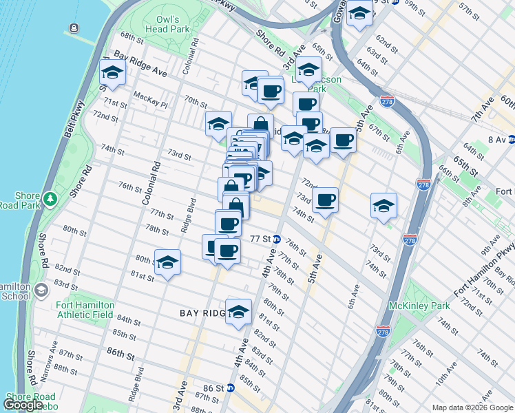 map of restaurants, bars, coffee shops, grocery stores, and more near 326 74th Street in Brooklyn