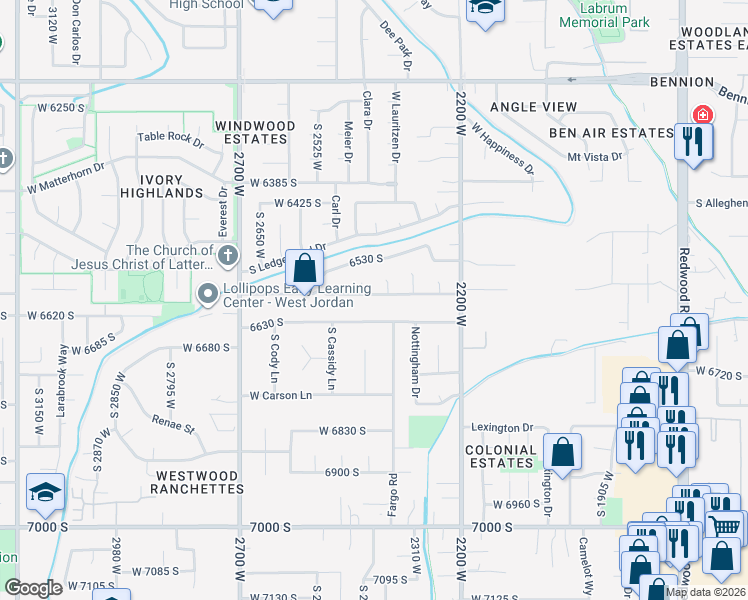 map of restaurants, bars, coffee shops, grocery stores, and more near 2395 Longmeadow Drive in West Jordan
