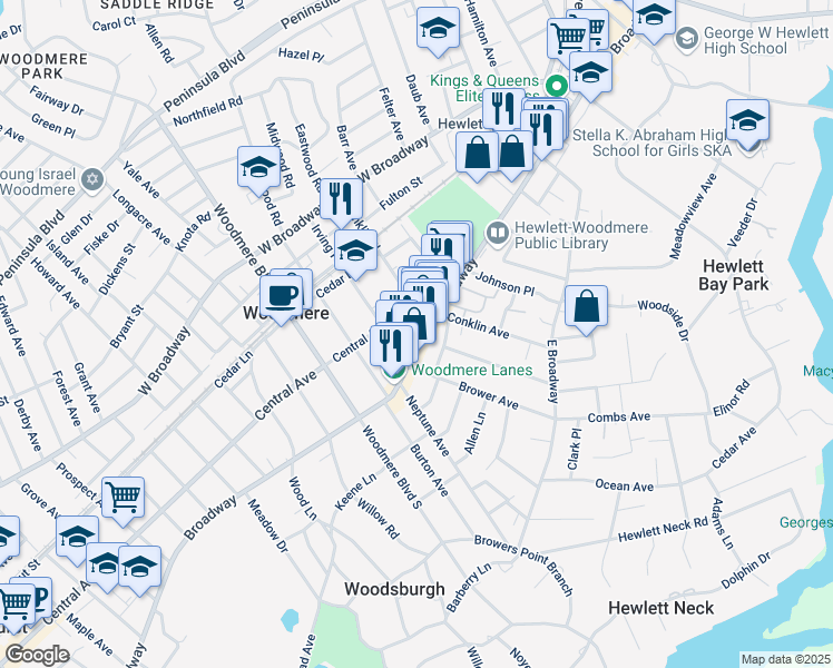 map of restaurants, bars, coffee shops, grocery stores, and more near 1058 Broadway in Woodmere