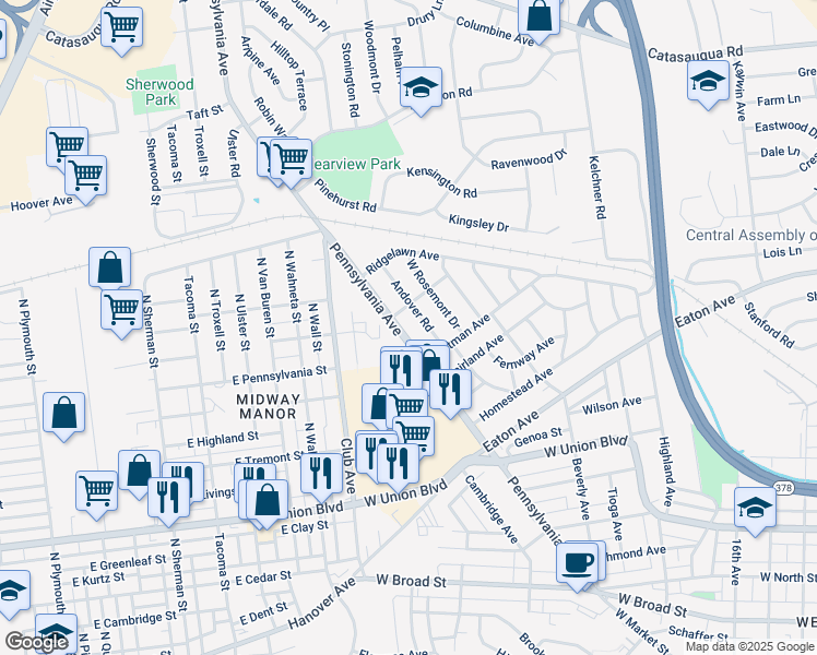 map of restaurants, bars, coffee shops, grocery stores, and more near 2129 Fireside Drive in Bethlehem