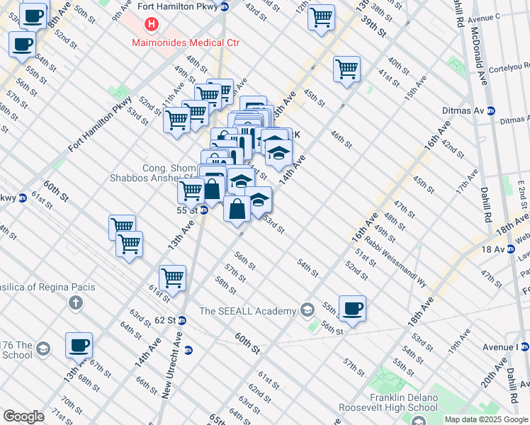 map of restaurants, bars, coffee shops, grocery stores, and more near 5225 14th Avenue in Brooklyn