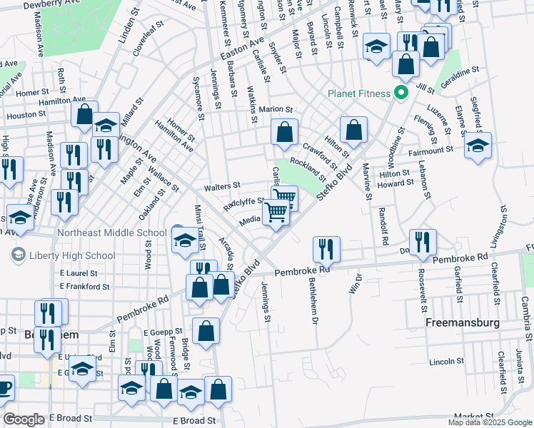 map of restaurants, bars, coffee shops, grocery stores, and more near 857 Media Street in Bethlehem