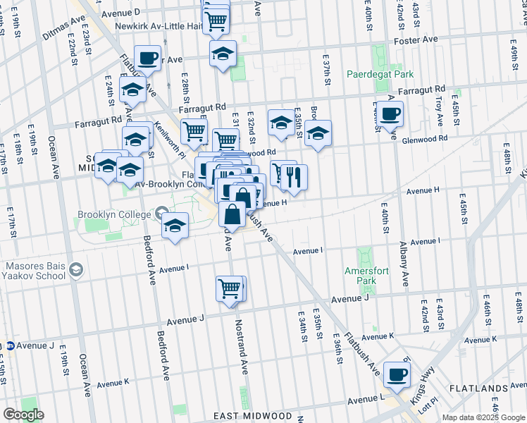 map of restaurants, bars, coffee shops, grocery stores, and more near 3210 Avenue H in Brooklyn