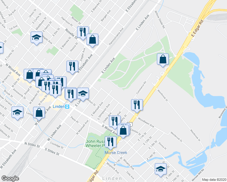 map of restaurants, bars, coffee shops, grocery stores, and more near 220 East Munsell Avenue in Linden
