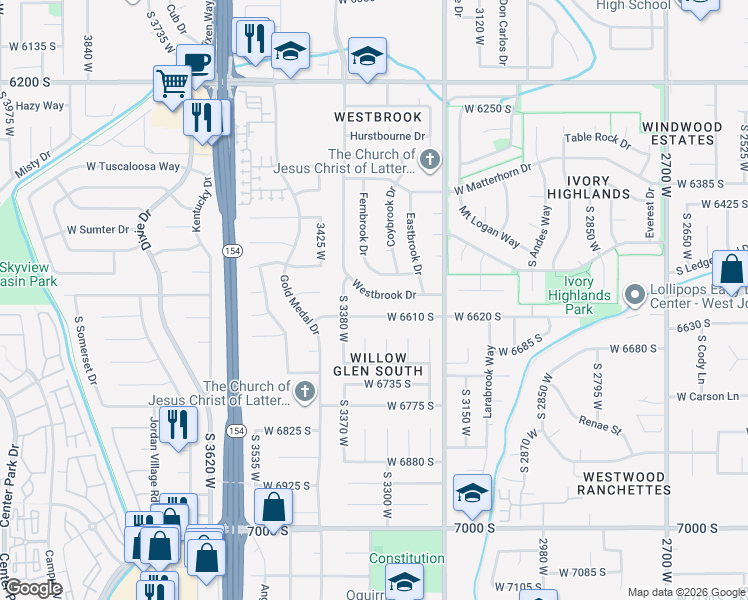 map of restaurants, bars, coffee shops, grocery stores, and more near 3344 Westbrook Drive South in Taylorsville