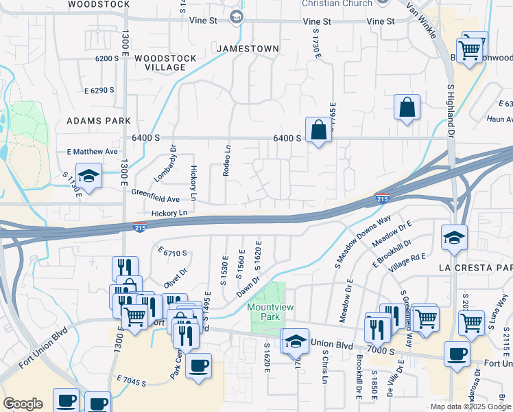 map of restaurants, bars, coffee shops, grocery stores, and more near 6576 South 1615 East in Salt Lake City