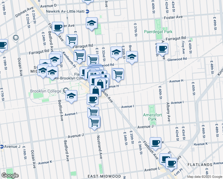 map of restaurants, bars, coffee shops, grocery stores, and more near 793 East 32nd Street in Brooklyn
