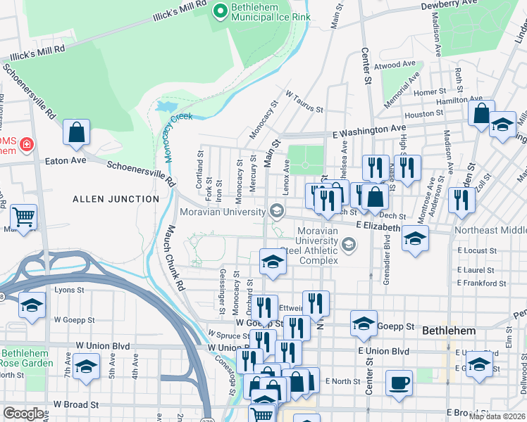 map of restaurants, bars, coffee shops, grocery stores, and more near 77 West Greenwich Street in Bethlehem