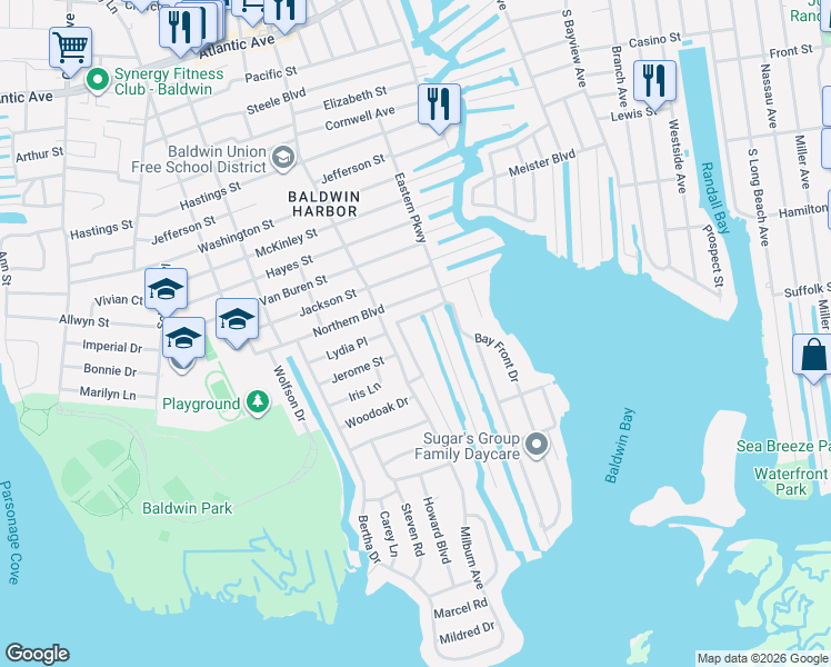map of restaurants, bars, coffee shops, grocery stores, and more near 3254 Parkway Drive in Baldwin