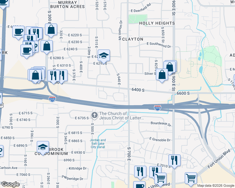 map of restaurants, bars, coffee shops, grocery stores, and more near 632 East 6400 South in Murray