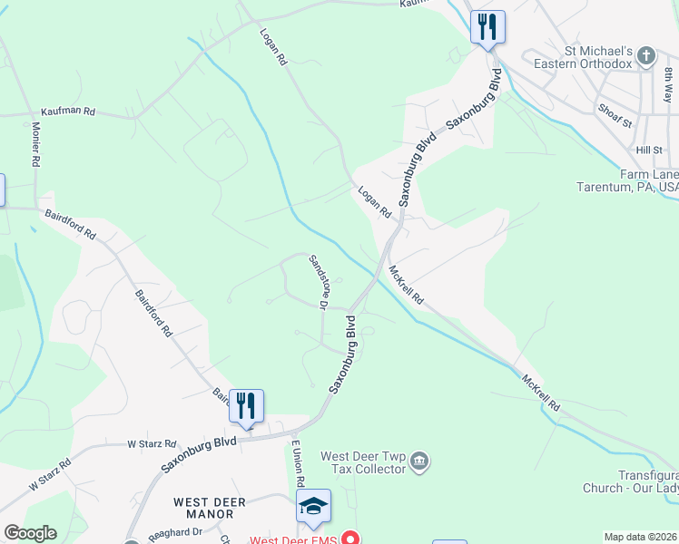 map of restaurants, bars, coffee shops, grocery stores, and more near 1416 Sandstone Drive in Tarentum