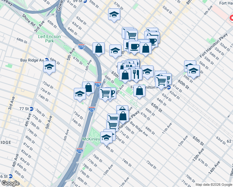 map of restaurants, bars, coffee shops, grocery stores, and more near 8th Avenue & 67th Street in Brooklyn