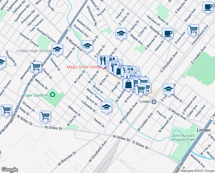 map of restaurants, bars, coffee shops, grocery stores, and more near 432 Helen Street in Linden