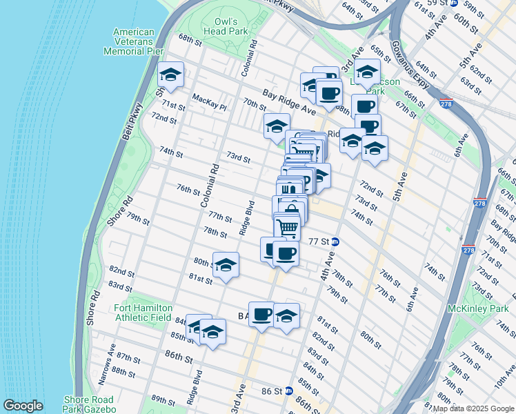 map of restaurants, bars, coffee shops, grocery stores, and more near 209 76th Street in Brooklyn