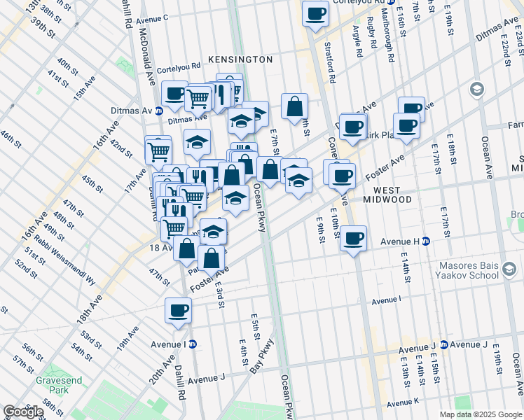 map of restaurants, bars, coffee shops, grocery stores, and more near Ocean Pkwy & Newkirk Ave in Brooklyn