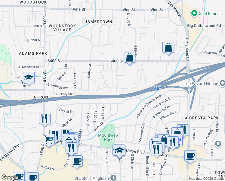 map of restaurants, bars, coffee shops, grocery stores, and more near 6559 South 1615 East in Murray