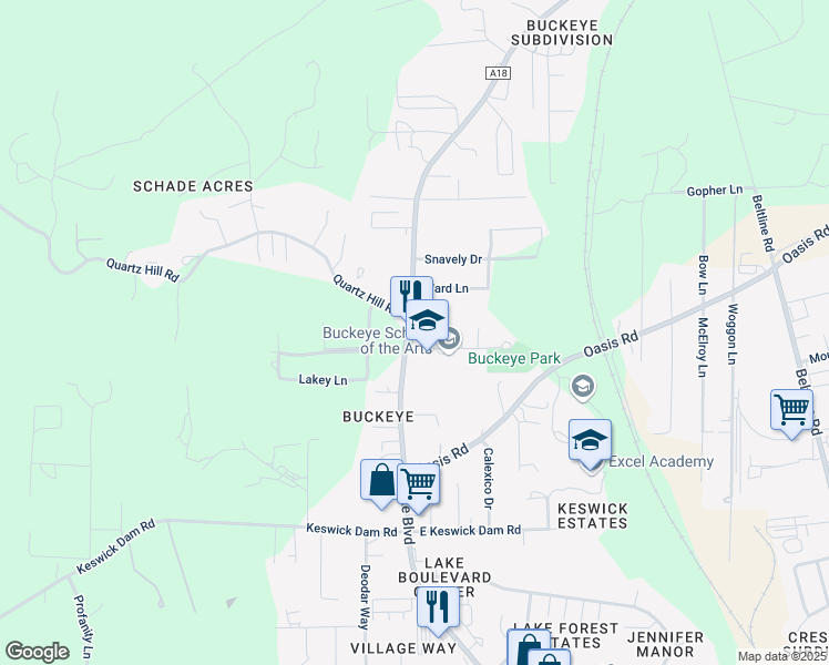 map of restaurants, bars, coffee shops, grocery stores, and more near 1801 Lake Boulevard in Redding