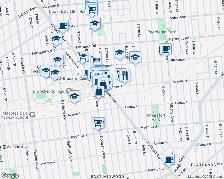 map of restaurants, bars, coffee shops, grocery stores, and more near 793 East 32nd Street in Brooklyn