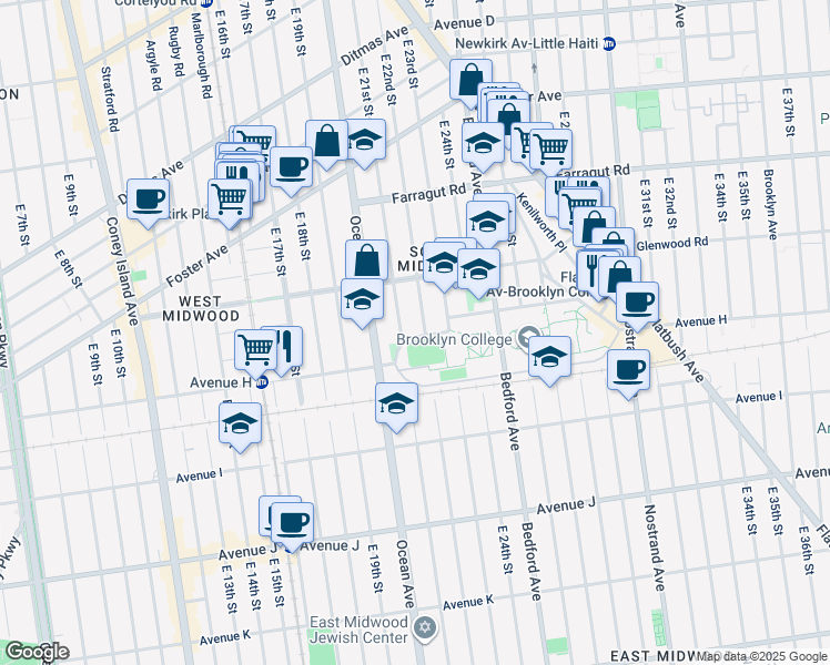 map of restaurants, bars, coffee shops, grocery stores, and more near 826 East 22nd Street in Brooklyn