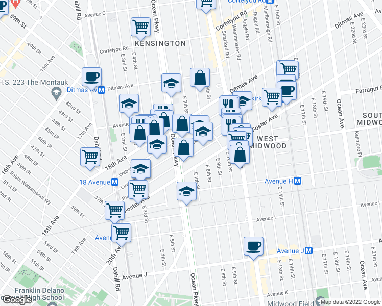 map of restaurants, bars, coffee shops, grocery stores, and more near 238 Newkirk Avenue in Brooklyn