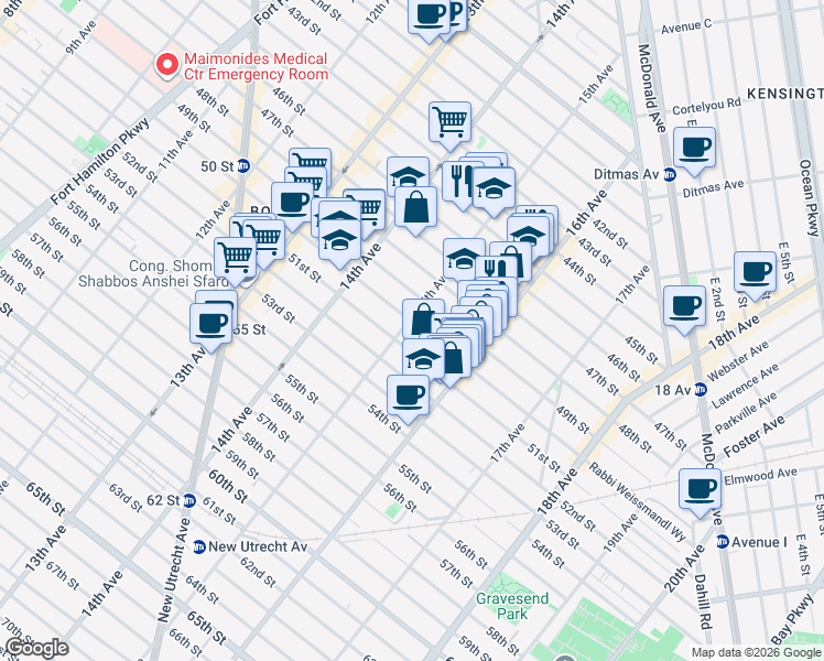 map of restaurants, bars, coffee shops, grocery stores, and more near 1500 49th Street in Brooklyn
