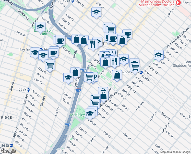 map of restaurants, bars, coffee shops, grocery stores, and more near 744 67th Street in Brooklyn