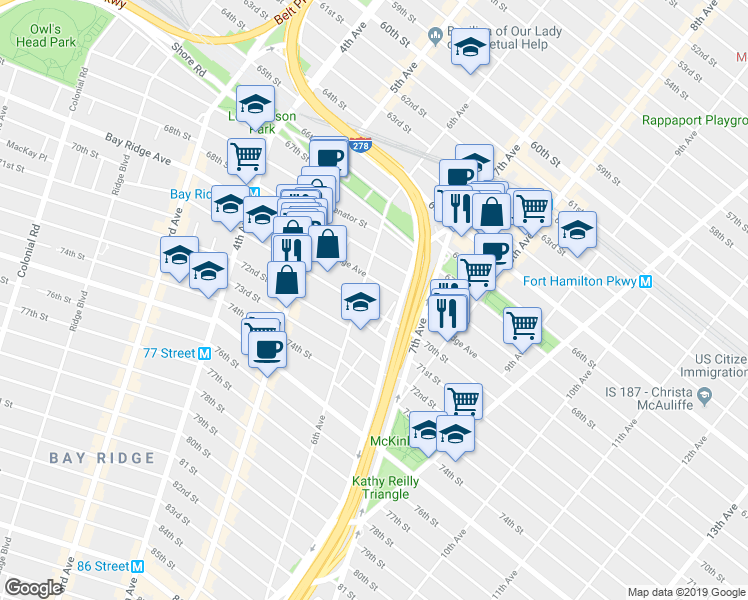 map of restaurants, bars, coffee shops, grocery stores, and more near 631 Bay Ridge Avenue in Brooklyn