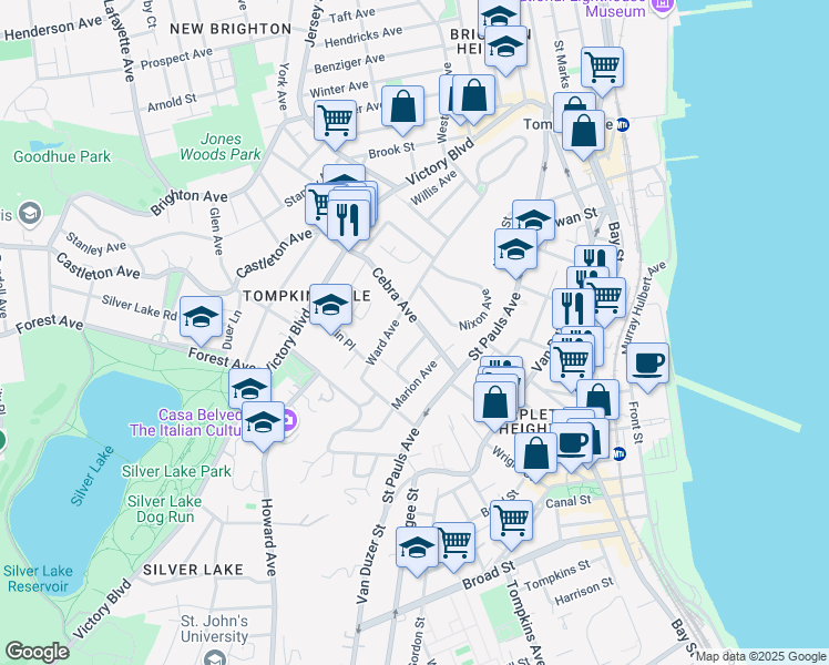 map of restaurants, bars, coffee shops, grocery stores, and more near 187 Ward Avenue in Staten Island