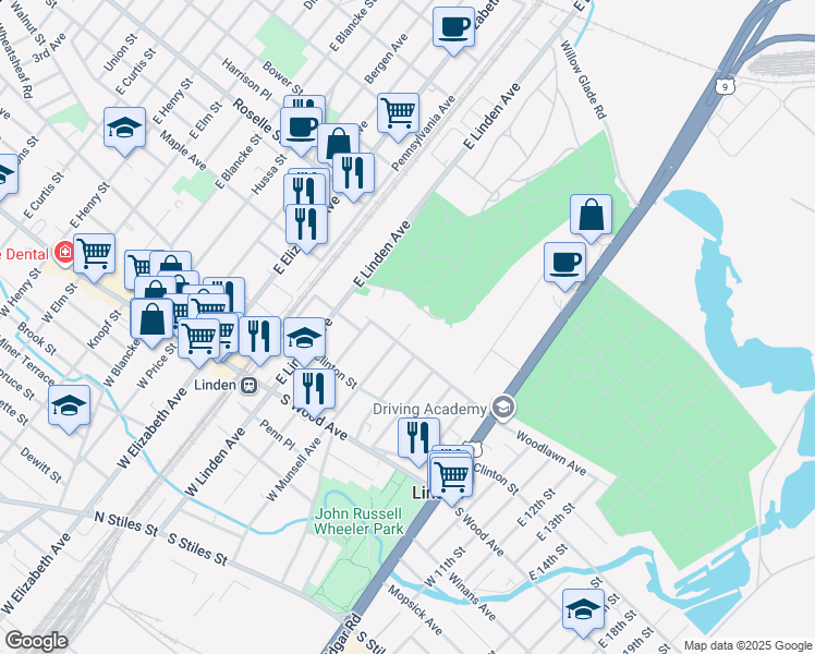 map of restaurants, bars, coffee shops, grocery stores, and more near 220 East Munsell Avenue in Linden