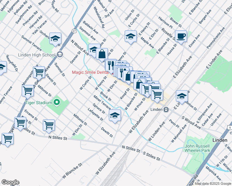map of restaurants, bars, coffee shops, grocery stores, and more near 432 Helen Street in Linden