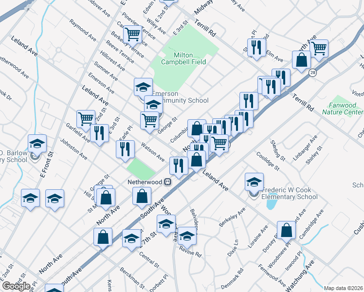 map of restaurants, bars, coffee shops, grocery stores, and more near 1227 North Avenue in Plainfield