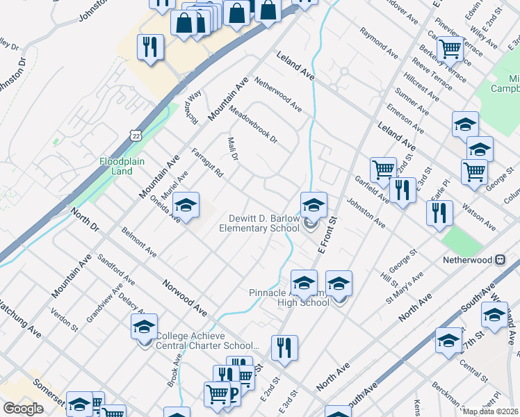 map of restaurants, bars, coffee shops, grocery stores, and more near 104 Farragut Road in North Plainfield