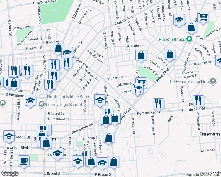 map of restaurants, bars, coffee shops, grocery stores, and more near 734 East Washington Avenue in Bethlehem